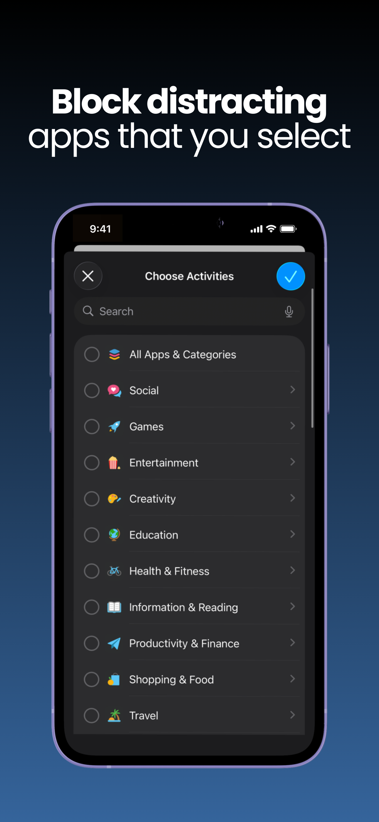 Block distracting apps that you select